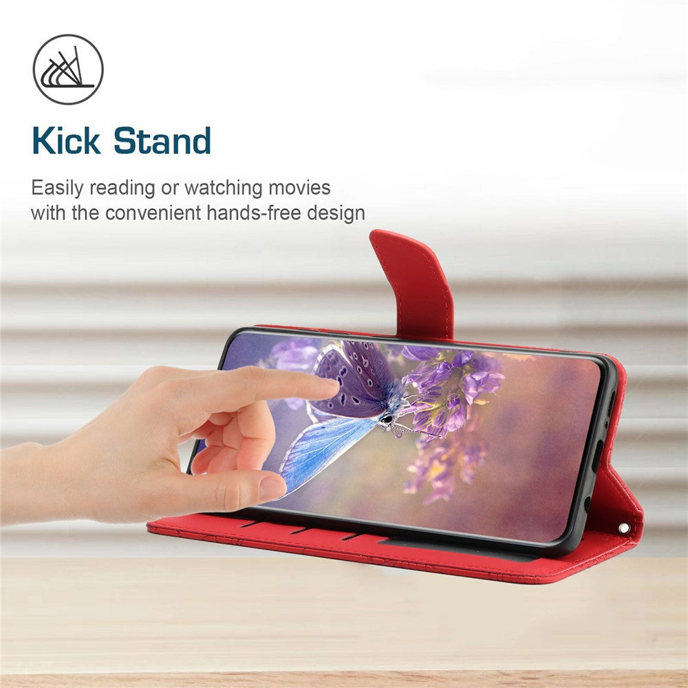 HT03 Phone Case for Samsung Galaxy M14 5G PU Leather Butterfly Flowers Stand Wallet Cover with Strap - Red