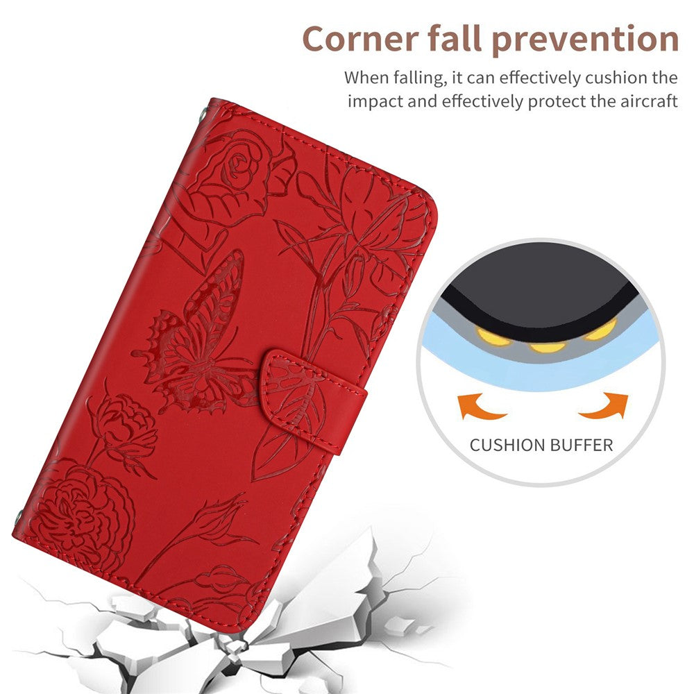 HT03 Phone Case for Samsung Galaxy M14 5G PU Leather Butterfly Flowers Stand Wallet Cover with Strap - Red