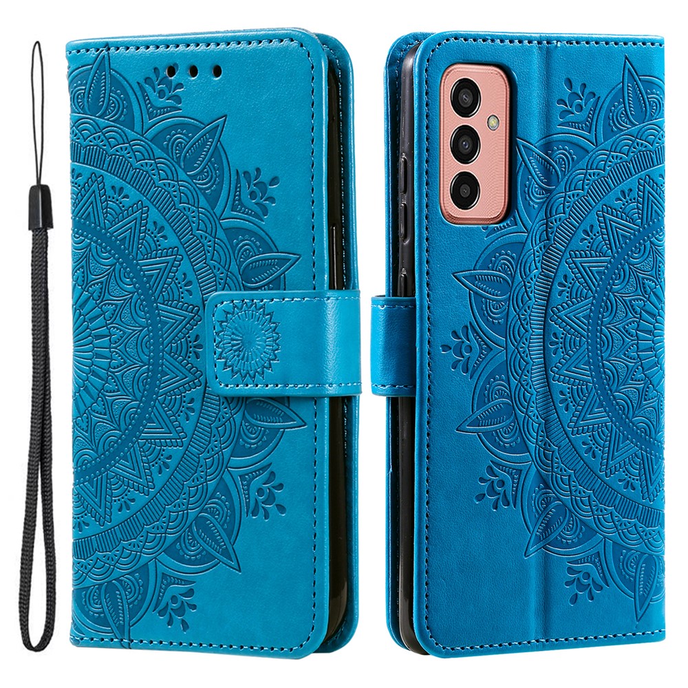For Samsung Galaxy M14 5G Wallet Stand Flip Cover Mandala Flower Pattern Leather Phone Case - Blue