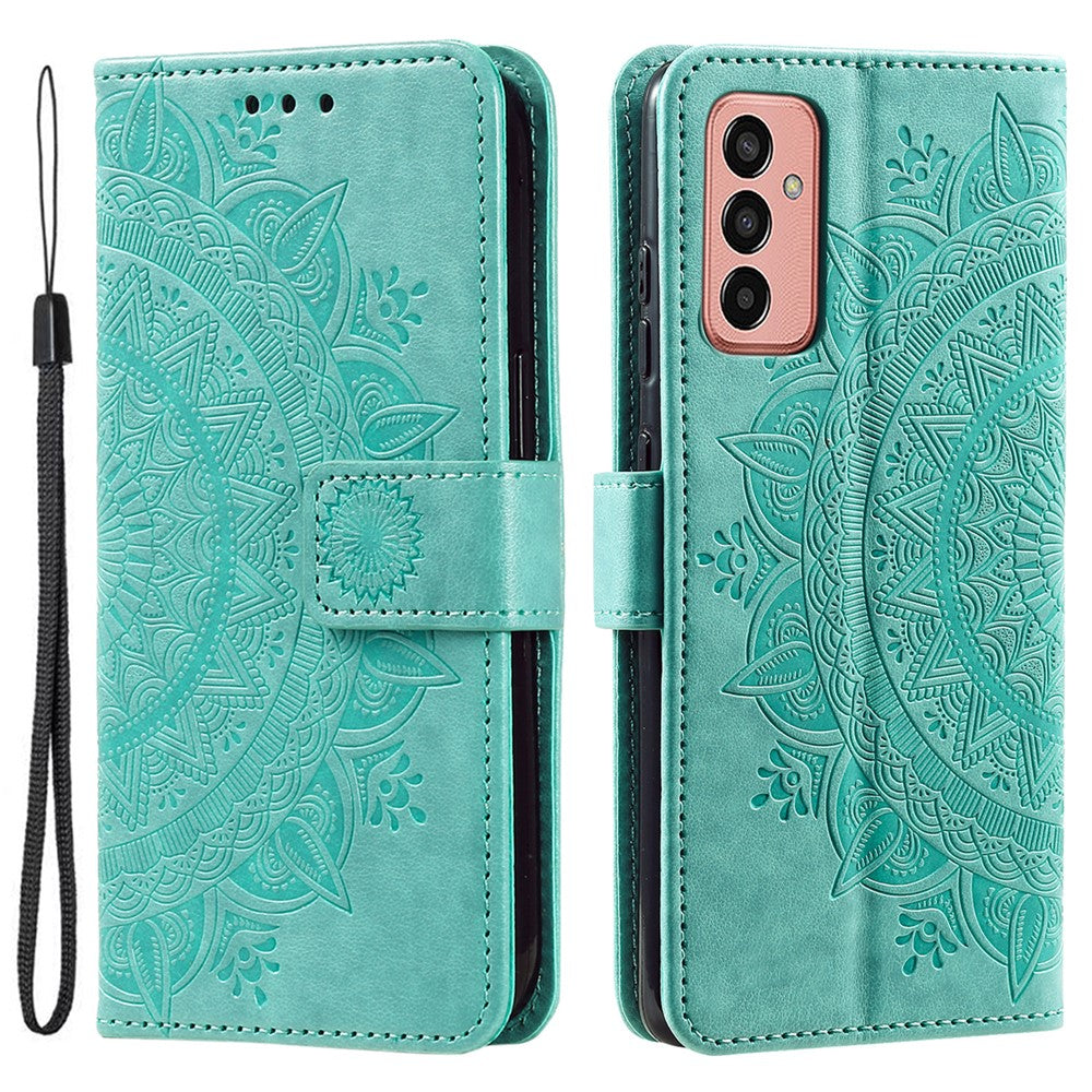 For Samsung Galaxy M14 5G Wallet Stand Flip Cover Mandala Flower Pattern Leather Phone Case - Green
