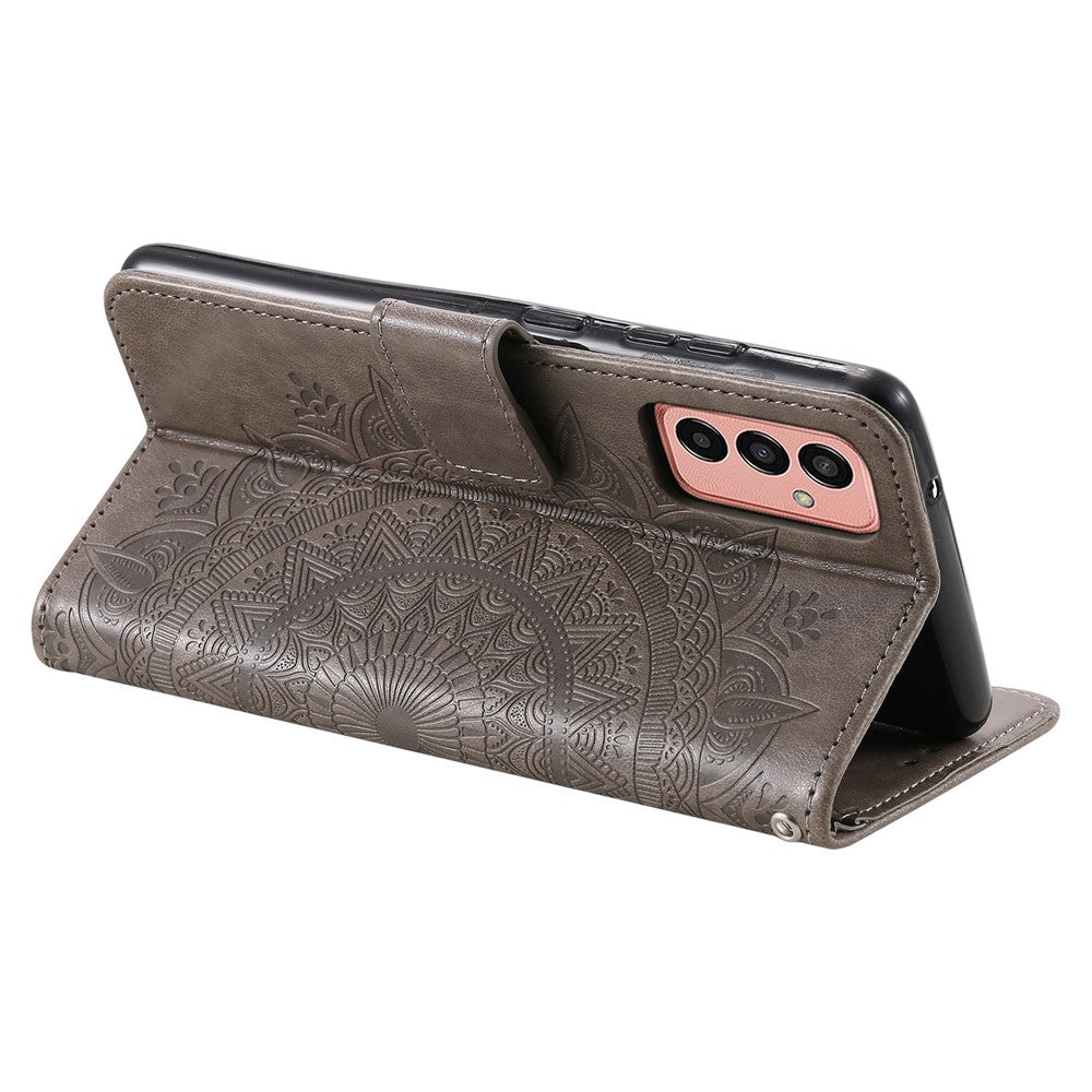 For Samsung Galaxy M14 5G Wallet Stand Flip Cover Mandala Flower Pattern Leather Phone Case - Grey