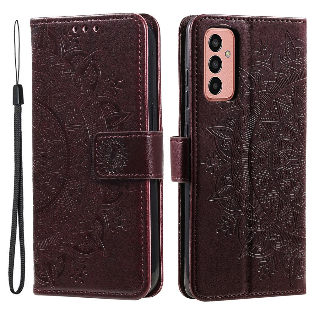 For Samsung Galaxy M14 5G Wallet Stand Flip Cover Mandala Flower Pattern Leather Phone Case - Brown
