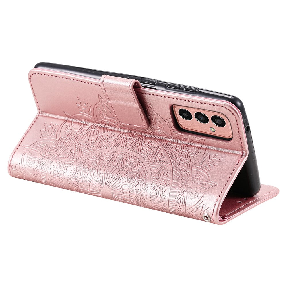 For Samsung Galaxy M14 5G Wallet Stand Flip Cover Mandala Flower Pattern Leather Phone Case - Rose Gold