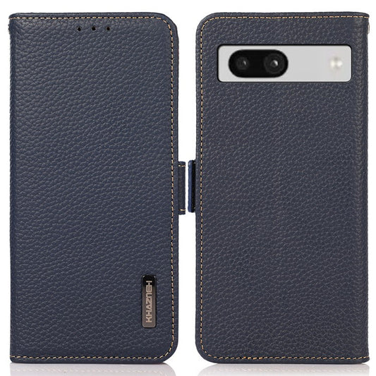 KHAZNEH For Google Pixel 7a RFID Blocking Phone Stand Case Genuine Cow Leather Wallet Drop-proof Cover - Blue