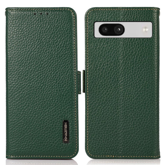 KHAZNEH For Google Pixel 7a RFID Blocking Phone Stand Case Genuine Cow Leather Wallet Drop-proof Cover - Green