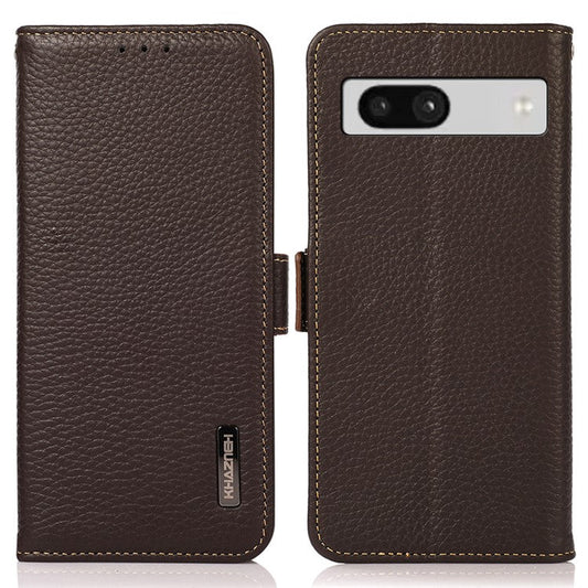 KHAZNEH For Google Pixel 7a RFID Blocking Phone Stand Case Genuine Cow Leather Wallet Drop-proof Cover - Brown