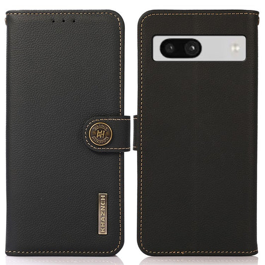KHAZNEH For Google Pixel 7a RFID Blocking Wallet Phone Shell Genuine Cow Leather Stand Cover - Black