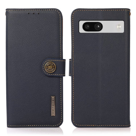 KHAZNEH For Google Pixel 7a RFID Blocking Wallet Phone Shell Genuine Cow Leather Stand Cover - Blue