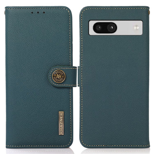 KHAZNEH For Google Pixel 7a RFID Blocking Wallet Phone Shell Genuine Cow Leather Stand Cover - Green