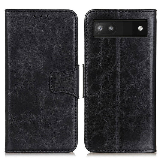 Phone Leather Case for Google Pixel 7a Wallet Phone Case Crazy Horse Texture Phone Cover - Black