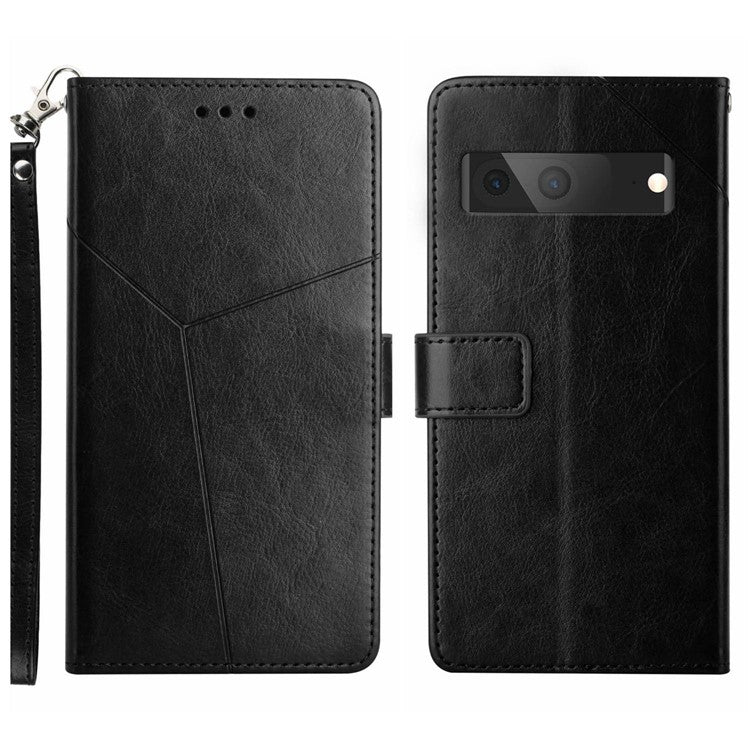 For Google Pixel 7a HT01 PU Leather Wallet Phone Case Y-shaped Line Imprinted  Stand Cover - Black