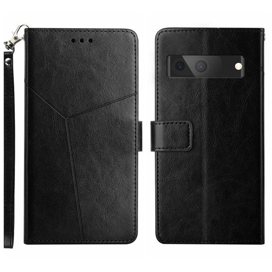 For Google Pixel 7a HT01 PU Leather Wallet Phone Case Y-shaped Line Imprinted  Stand Cover - Black