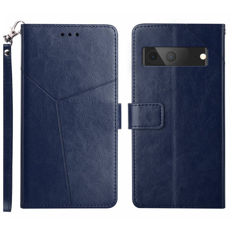 For Google Pixel 7a HT01 PU Leather Wallet Phone Case Y-shaped Line Imprinted  Stand Cover - Blue