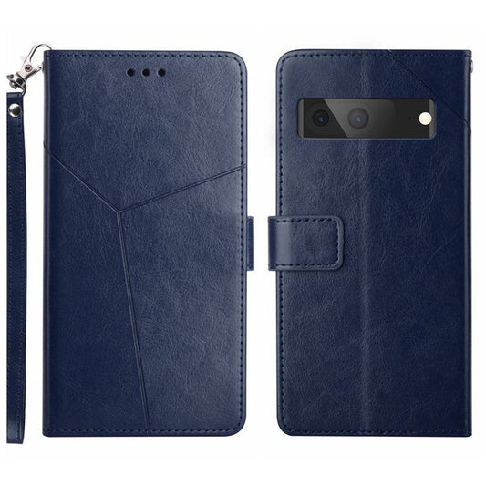 For Google Pixel 7a HT01 PU Leather Wallet Phone Case Y-shaped Line Imprinted  Stand Cover - Blue