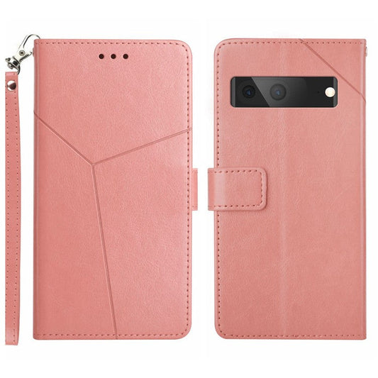 For Google Pixel 7a HT01 PU Leather Wallet Phone Case Y-shaped Line Imprinted  Stand Cover - Pink