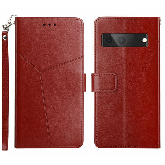 For Google Pixel 7a HT01 PU Leather Wallet Phone Case Y-shaped Line Imprinted  Stand Cover - Brown