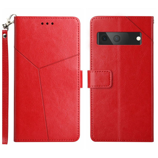 For Google Pixel 7a HT01 PU Leather Wallet Phone Case Y-shaped Line Imprinted  Stand Cover - Red