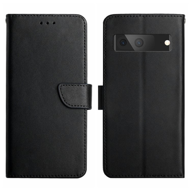 HT02 Genuine Leather Phone Case for Google Pixel 7a Stand Wallet Shockproof Protective Cover - Black
