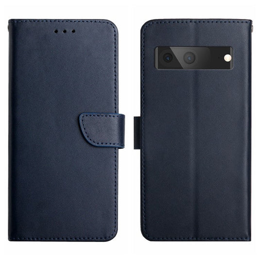 HT02 Genuine Leather Phone Case for Google Pixel 7a Stand Wallet Shockproof Protective Cover - Blue