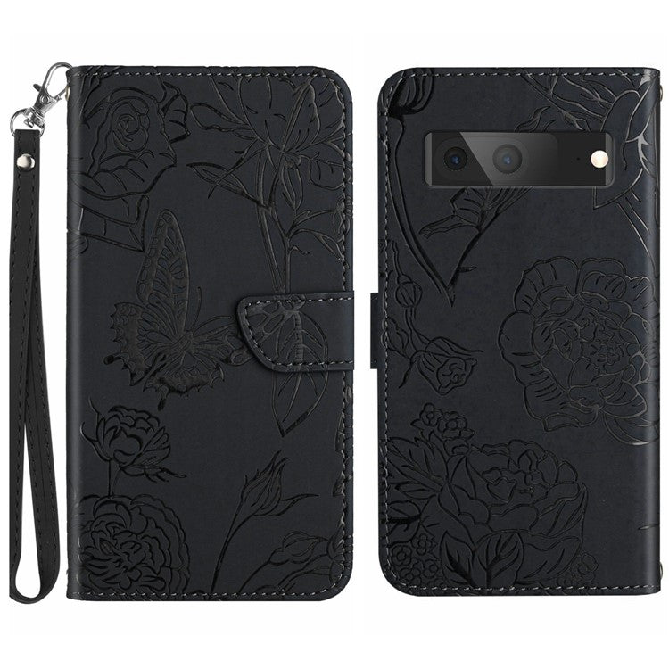 HT03 Butterfly Flowers Phone Case for Google Pixel 7a PU Leather Stand Wallet Cover with Strap - Black