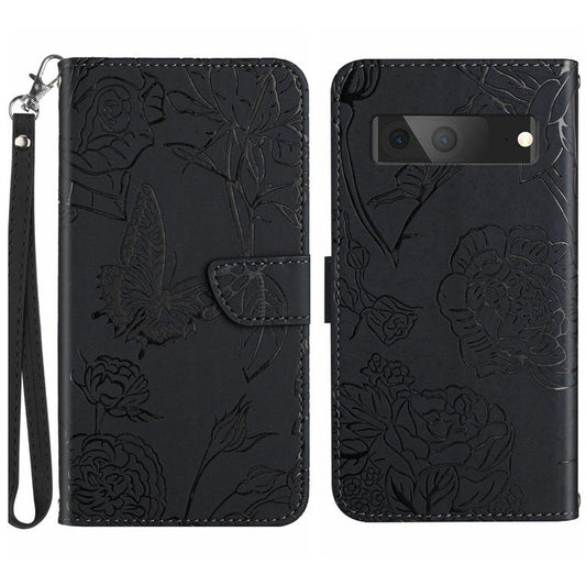 HT03 Butterfly Flowers Phone Case for Google Pixel 7a PU Leather Stand Wallet Cover with Strap - Black
