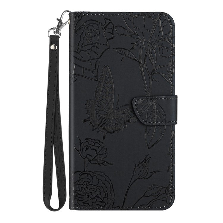 HT03 Butterfly Flowers Phone Case for Google Pixel 7a PU Leather Stand Wallet Cover with Strap - Black