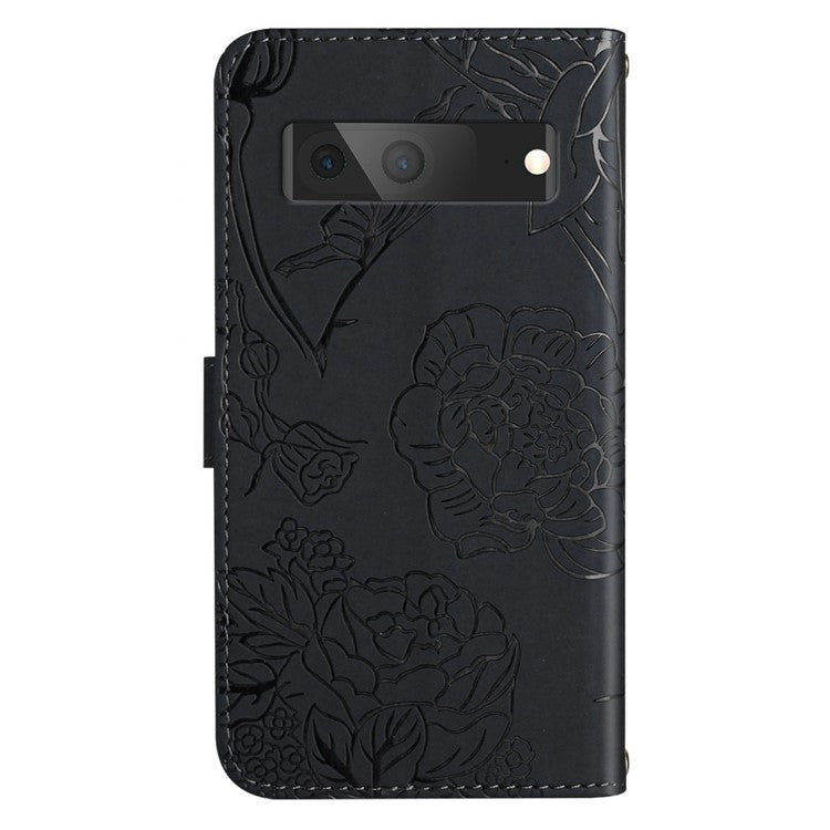 HT03 Butterfly Flowers Phone Case for Google Pixel 7a PU Leather Stand Wallet Cover with Strap - Black