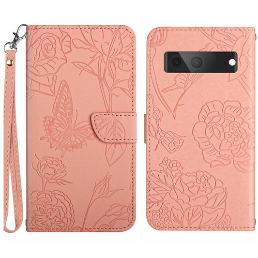 HT03 Butterfly Flowers Phone Case for Google Pixel 7a PU Leather Stand Wallet Cover with Strap - Pink