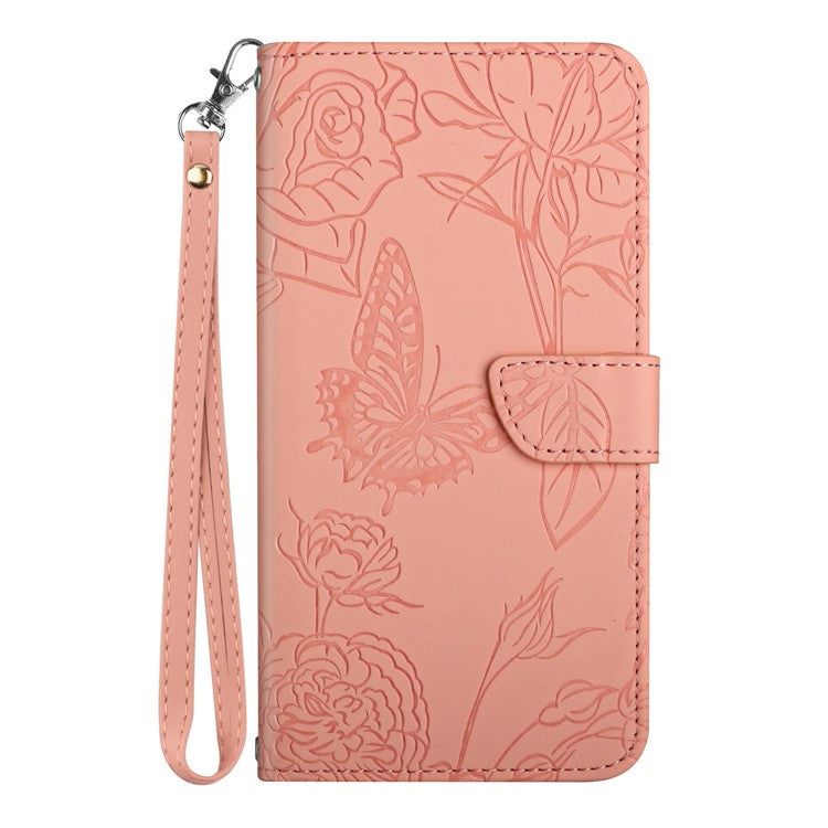 HT03 Butterfly Flowers Phone Case for Google Pixel 7a PU Leather Stand Wallet Cover with Strap - Pink