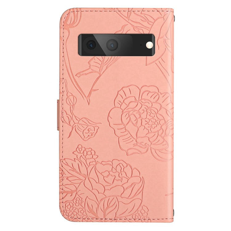 HT03 Butterfly Flowers Phone Case for Google Pixel 7a PU Leather Stand Wallet Cover with Strap - Pink