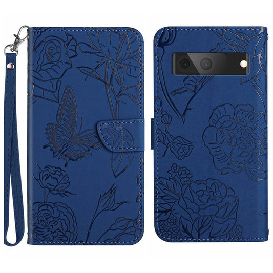 HT03 Butterfly Flowers Phone Case for Google Pixel 7a PU Leather Stand Wallet Cover with Strap - Blue