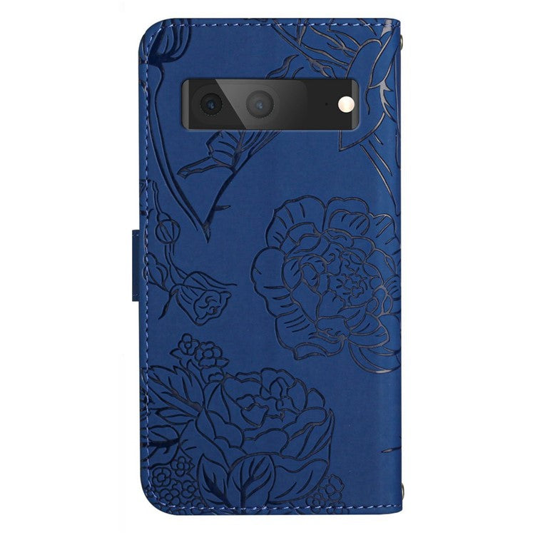 HT03 Butterfly Flowers Phone Case for Google Pixel 7a PU Leather Stand Wallet Cover with Strap - Blue