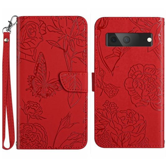 HT03 Butterfly Flowers Phone Case for Google Pixel 7a PU Leather Stand Wallet Cover with Strap - Red
