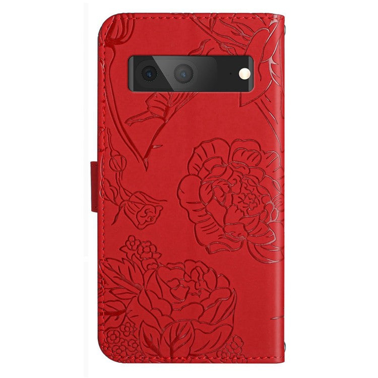 HT03 Butterfly Flowers Phone Case for Google Pixel 7a PU Leather Stand Wallet Cover with Strap - Red