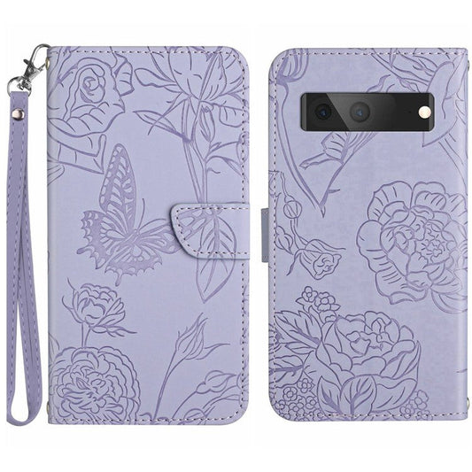 HT03 Butterfly Flowers Phone Case for Google Pixel 7a PU Leather Stand Wallet Cover with Strap - Purple
