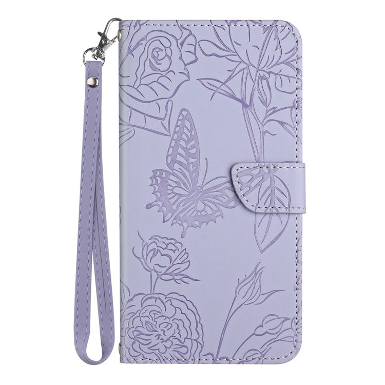 HT03 Butterfly Flowers Phone Case for Google Pixel 7a PU Leather Stand Wallet Cover with Strap - Purple