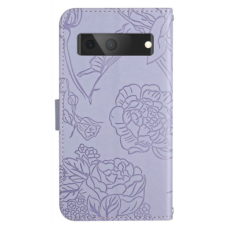 HT03 Butterfly Flowers Phone Case for Google Pixel 7a PU Leather Stand Wallet Cover with Strap - Purple