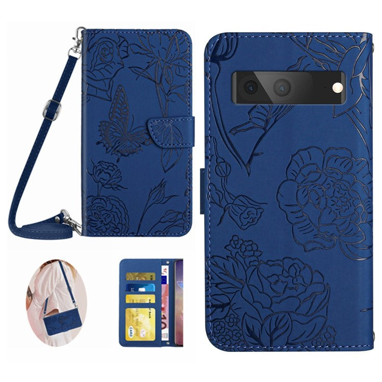 HT03 Phone Case for Google Pixel 7a PU Leather Butterfly Flowers Imprinted Stand Wallet Cover with Shoulder Strap - Blue