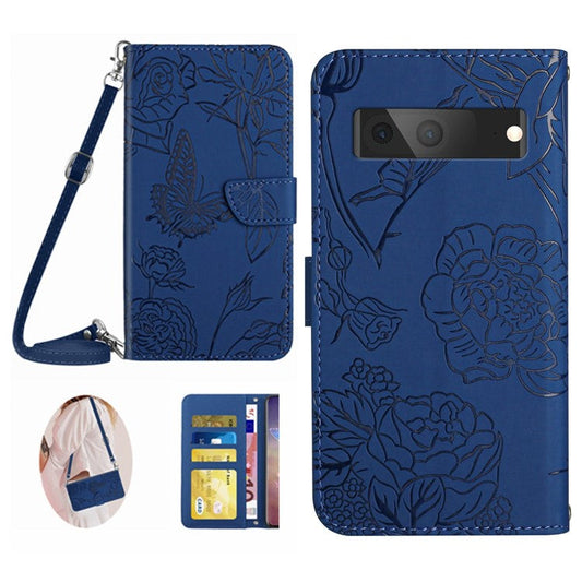 HT03 Phone Case for Google Pixel 7a PU Leather Butterfly Flowers Imprinted Stand Wallet Cover with Shoulder Strap - Blue
