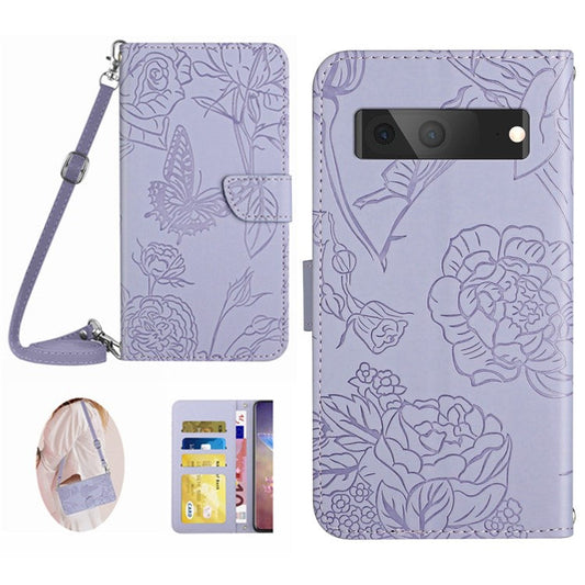 HT03 Phone Case for Google Pixel 7a PU Leather Butterfly Flowers Imprinted Stand Wallet Cover with Shoulder Strap - Purple