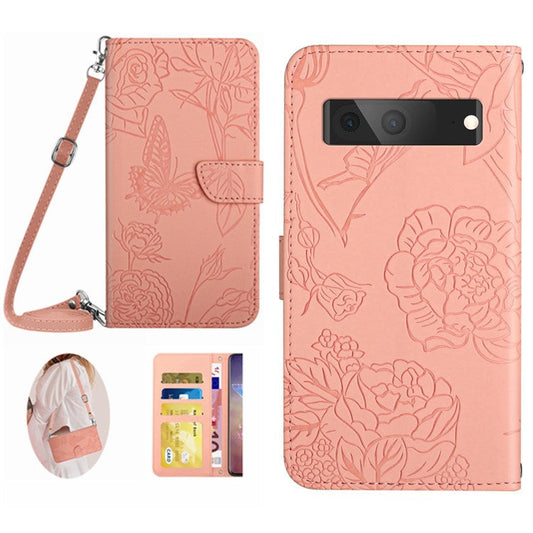 HT03 Phone Case for Google Pixel 7a PU Leather Butterfly Flowers Imprinted Stand Wallet Cover with Shoulder Strap - Pink