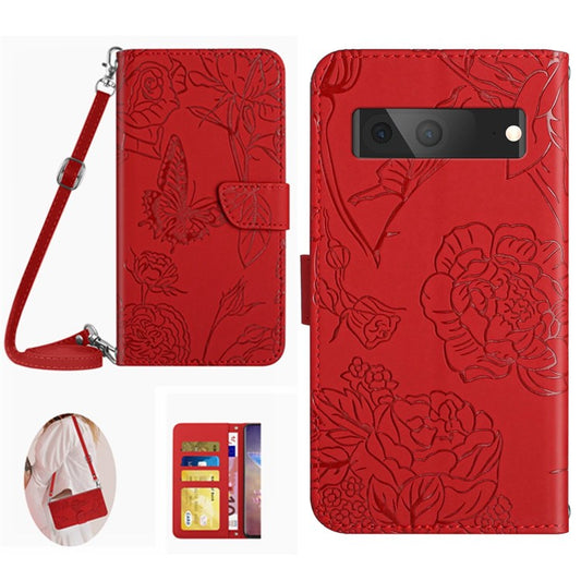 HT03 Phone Case for Google Pixel 7a PU Leather Butterfly Flowers Imprinted Stand Wallet Cover with Shoulder Strap - Red