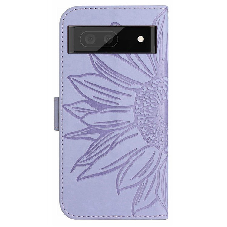 HT04 Phone Case for Google Pixel 7a PU Leather Cover Sunflower Pattern Wallet Phone Shell with Strap - Light Purple