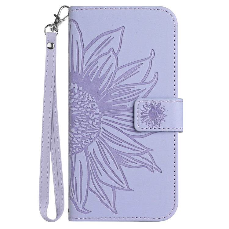 HT04 Phone Case for Google Pixel 7a PU Leather Cover Sunflower Pattern Wallet Phone Shell with Strap - Light Purple