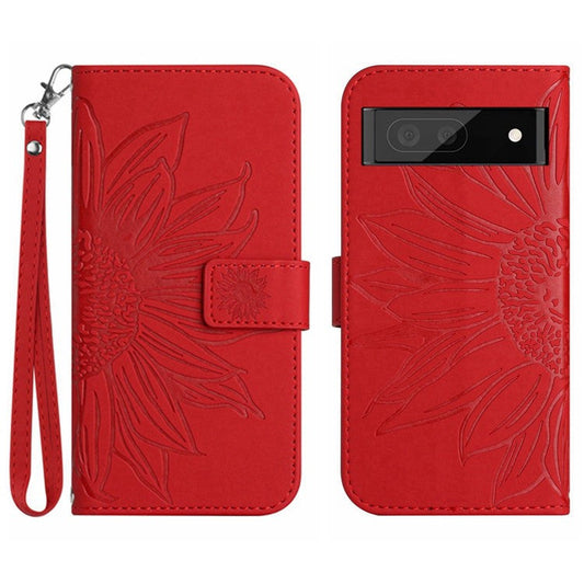 HT04 Phone Case for Google Pixel 7a PU Leather Cover Sunflower Pattern Wallet Phone Shell with Strap - Red