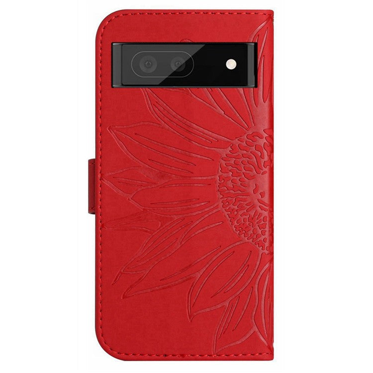 HT04 Phone Case for Google Pixel 7a PU Leather Cover Sunflower Pattern Wallet Phone Shell with Strap - Red