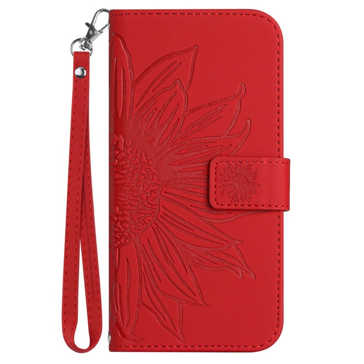 HT04 Phone Case for Google Pixel 7a PU Leather Cover Sunflower Pattern Wallet Phone Shell with Strap - Red
