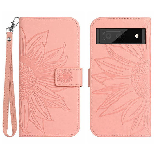 HT04 Phone Case for Google Pixel 7a PU Leather Cover Sunflower Pattern Wallet Phone Shell with Strap - Light Pink