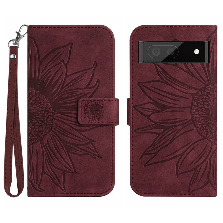 HT04 Phone Case for Google Pixel 7a PU Leather Cover Sunflower Pattern Wallet Phone Shell with Strap - Wine Red