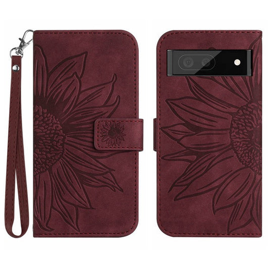 HT04 Phone Case for Google Pixel 7a PU Leather Cover Sunflower Pattern Wallet Phone Shell with Strap - Wine Red